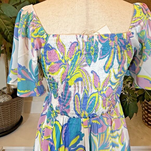 Mittoshop Dress Women Sz.Medium Silky Mini Floral Short Puff Sleeve Smocked - Picture 3 of 10